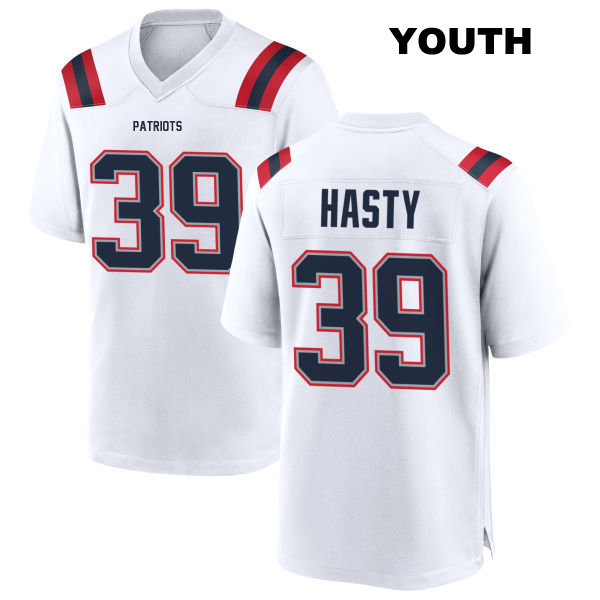 JaMycal Hasty Away New England Patriots Youth Number 39 Stitched White Game Football Jersey